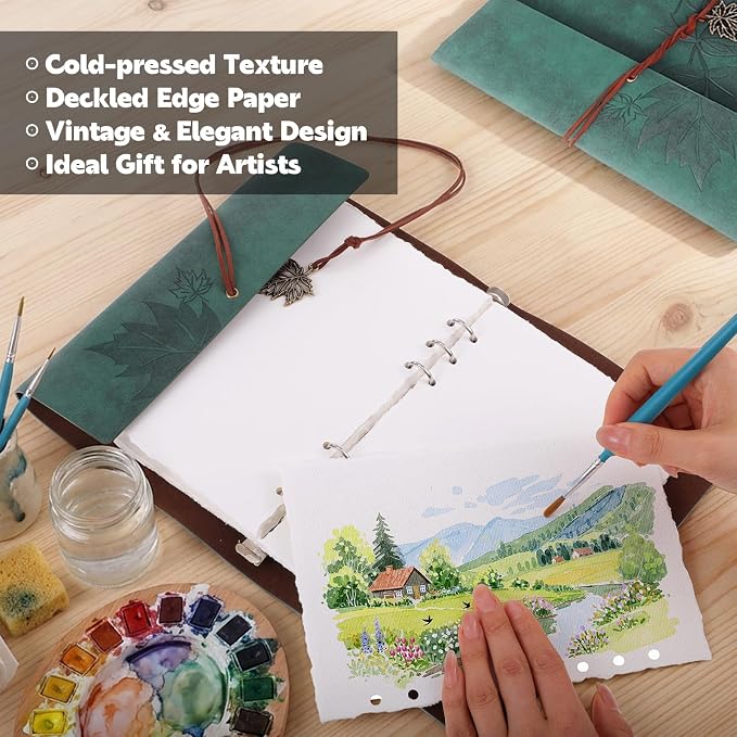 Watercolor Journal, 24 Sheets Cold Press Paper, 5.5 x 8.1 in, Green | Deckle Edge Paper, Leather Cover, Ring Binder, Mixed Media Sketchbook for Artists, Students, Travel, Class, and Home Use