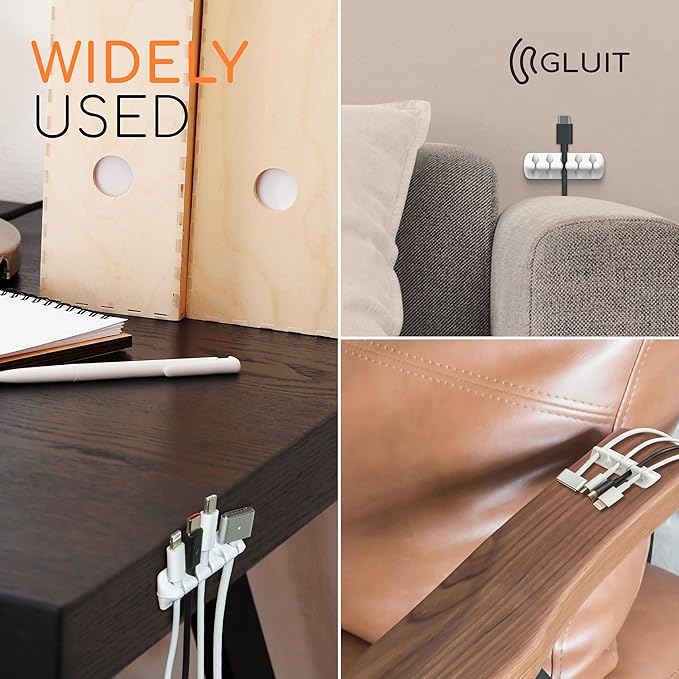 GLUIT Cord Organizer for Desk, Cable Holder for Nightstand, Charger Organizer, Adhesive Desktop Wire Clips, Multislot Cable Management, Table Organizer Accessories (White, 20 Pack, 30 Slots)