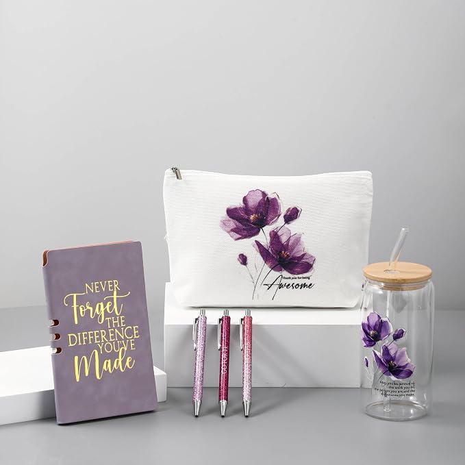 Funnymoom 6 Pcs Appreciation Gifts Set for Women Back to School Teacher Gifts Employee Thank You Gift with 17 oz Glass Tumbler Journal Pens and Pouch for Coworkers Educators,Floral,Purple