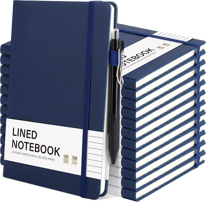 Aodaer 12 Set Lined Notebook Journals with Pens A5 Notebooks 100 GSM College Ruled Hardcover Notebook PU Leather Notepad with Pen Holder for Office School, 5.7 x 8.3 Inches, Navy Blue