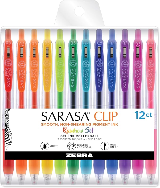 Zebra Pen SARASA Clip Retractable Gel Pen, Rainbow Assorted Ink, 12-Pack