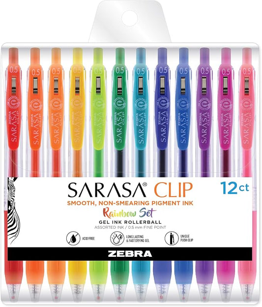 Zebra Pen SARASA Clip Retractable Gel Pen, Rainbow Assorted Ink, 12-Pack