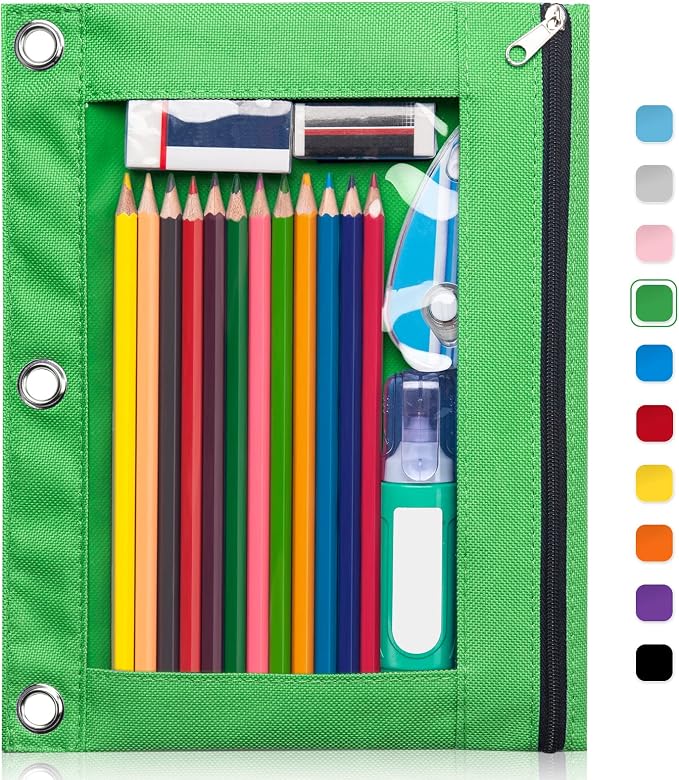 Forvencer 3 Ring Binder Pencil Pouch with Smooth Zipper, Clear Window Pencil Case, Big Capacity Pencil Bag with 3 Reinforced Grommets, Green