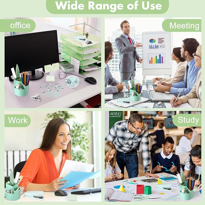 Marspark Sage Green Desk Accessories Office Supplies Set, 12 Pcs | 360° Rotating Pen Holder, Stapler, Tape Dispenser, Scissor, Sticky Notes, Binder Clips, Desk Organizers Gift for School