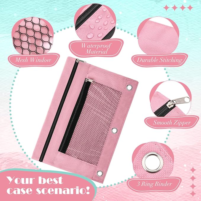 Zhehao 100 Pcs Zipper Binder Pencil Pouches:3 Ring Binder Pencil Pouches with Zipper Window Bulk Clear Pen Bags Case for Office School Classroom Supplies