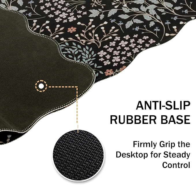 L-SPOUTTO Botanical Mouse Pad,Black Desk Mat XXL Large Scalloped Gaming Mousepad,35.4x15.12in Non-Slip Base Keyboard Pad Waterproof Desktop Mat for Laptop Computer Game Home Office-Seamless Plants