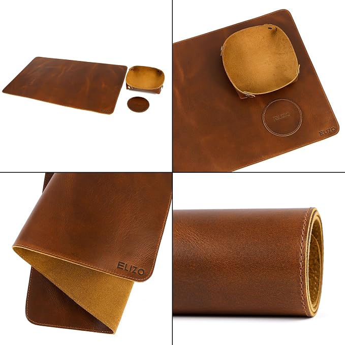 Elizo Real Leather Desk Mat Set (24X14) Large Desk Cover Desk Blotter Protector Computer Gaming Mouse Pad Table Laptop Office Desktop Accessories Antique