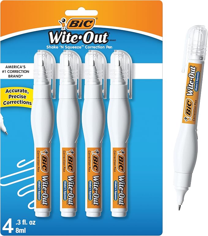 BIC Wite-Out Brand Shake 'n Squeeze Correction Pen, 8 ML Correction Fluid, School Supplies for Students and Teachers, Fast and Precise, 4-Count Pack in White