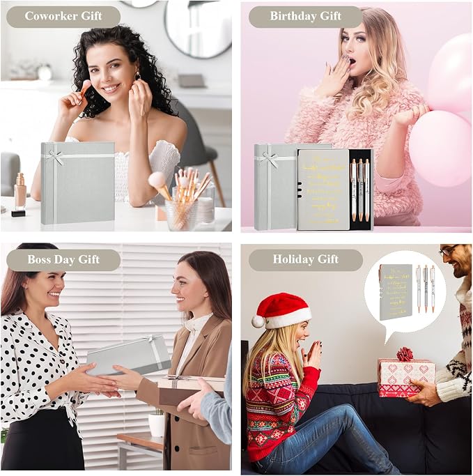 Resurhang 5 Pcs Inspirational Journal for Women Employee Appreciation Gift A6 Leather Journal Glitter Ballpoint Pen with Box for Back to School Teacher Coworker Female Secretary Nurse(Gray)