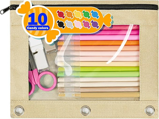 Forvencer Pencil Pouch for 3 Ring Binder, Large Pencil Case Pouch with 3 Reinforced Grommets, Pen Bag, Clear Window Pencil Case, Binder Accessories, Beige