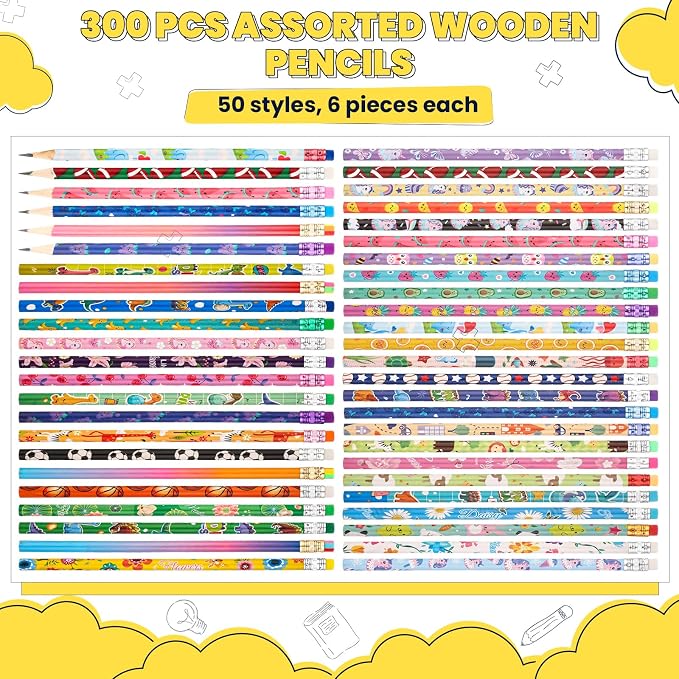 Sabary 300 Pcs Assorted Wood Pencil Bulk 50 Styles #2 HB Colorful Novelty Fun Dinosaur Animals Fruits Sports Pencils with Erasers for Teacher Reward
