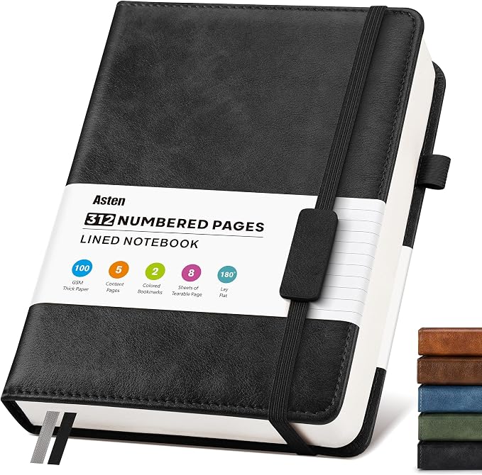 Lined Hardcover Leather Journal Notebook: A5 Journal for Women Men, Black | 312 Numbered Pages & Content, 100GSM Thick Paper, College Ruled Journals Note Book for Business Work Writing Diary