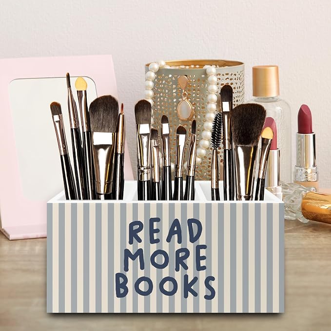 Reading Room Decor Pen Pencil Holder Organizer for Desk,Read More Books Blue Striped Wooden Box Signs Decorations for Reading Room Classroom Library Desk Tabletop, Book Lover Reader Gifts