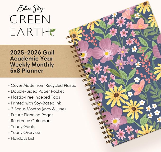 Blue Sky 2025-2026 Weekly & Monthly Academic Planner Calendar, 5"x8", Gail | July 2025 - June 2026, Flexible Cover From Recycled Plastic, Wirebound, Laminated Tabs, Storage Pocket, Academic Year