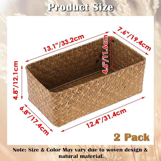 Set of 2 Wicker Storage Baskets for Shelves, Simple Organizing Basket for Home Shelf Baskets Woven Wicker Organizer Bins Shelf Baskets for Organizing Wardrobe Desktop Home Decor, Caramel
