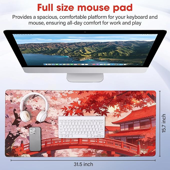 Large Mouse Pad 31.5x15.7 Inch - Starter Desk Mat for Office and Gaming, Non Slip Rubber Bottom, Stitched Edges, Easy Clean, Maple Leaf