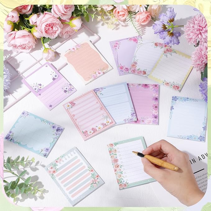 Chiisong 12 Pads Cute Sticky Notes Flower Sticky Notes 3 x 4 Inches Colored Adhesive Memo Reminder Decor Floral Memo Pads Flower Notepads for Journal Office Birthday Gifts