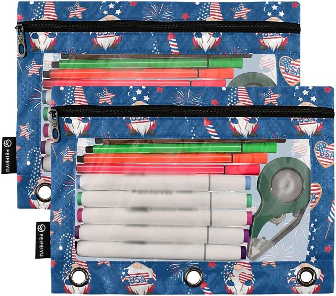 Emelivor Gnome 4th July Pencil Pouch for 3 Ring Binder 2 Pcs Binder Pouches with Zipper Pocket Pencil Case Bag with Clear Window for College Office Daily Supplies
