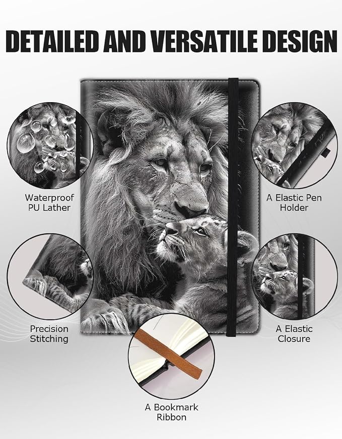 Hardcover Executive Notebooks, A5 PU Leather Lined Journal Notebook, 200 Pages Thick Paper Subject Notebooks for School,Work,Home Writing Business Notebook, Diary Book ，Lion