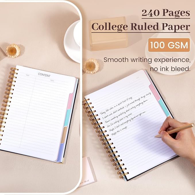 Yoment Hardcover Spiral Notebooks for Work School, B5 Journal Notebook with Tabs Dividers, Multi 5 Subject Notebook College Ruled, 240 Pages Lined Journal for Men, Back to School, Gifts, Black