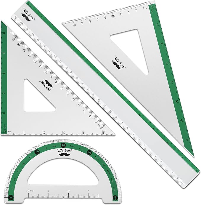 Mr. Pen- Metal Geometry Kit, 4 Pack, 45° & 30°/60° Set Squares | 6" Protractor & 12" Ruler, Durable Metal Drafting Tools for Technical Drawing, Math, Engineering & Architecture