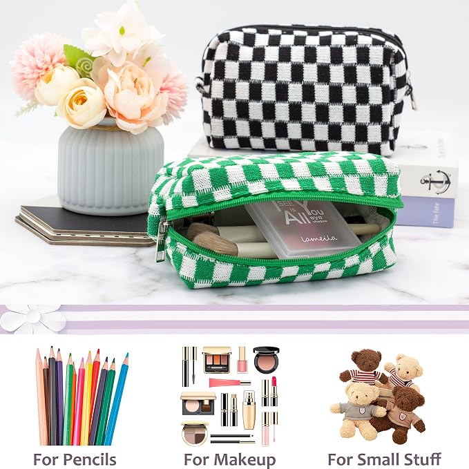 PAZIMIIK Checkered Makeup Bag for Purse, Small Travel Cosmetic Pouch,Green | Cute Zipper Makeup Organizer for Women, Travel Essentials, Toiletries, Makeup Brushes, Beauty Accessories&Bridesmaid Gifts