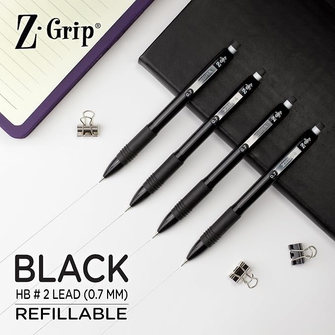 Zebra Pen, Z-Grip Mechanical Pencil, Comfort Grip, 0.7mm Lead, #2 HB, Pre-Loaded with Lead and Eraser, for School, Office, Everyday Use, Refillable, Black Barrel, 10-Pack, (50401)