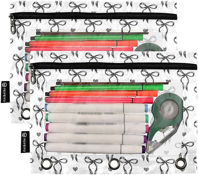 Gredecor 3 Ring Binder Pencil Pouch, Sketched Ink Bows Hearts Zippered Pen Case Pouches with Clear Window, 2 Pack Stylish Office & School Supplie