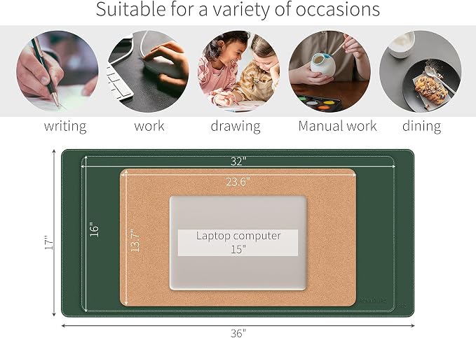 RENMTURE Dual-Sided Mouse Pad, Natural Cork & PU Leather Large Desk Pad for Office and Home Work, Desk Protector Non-Slip, Waterproof, Easy Clean (Dark Green, 32"x16")