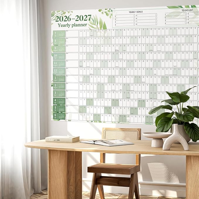 Ospelelf Large Dry Erase Calendar for Wall 2026-2027, 32'' x 48'' Big Yearly Laminated Family Calendar, 2 Year Calendar, Use July 2026 - June 2028 (Green Plant)