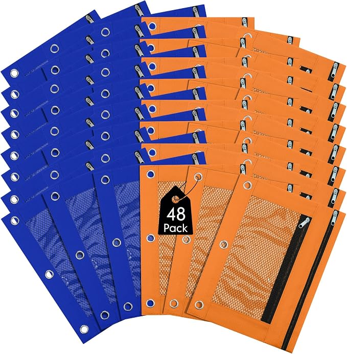 Leelosp 48 Pack Pencil Pouch for 3 Ring Binder Mesh Zipper Pencil Case Bags Binder Pouches Bulk for School Writing Utensils Storage Supplies (Blue,Orange)
