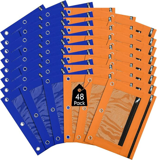 Leelosp 48 Pack Pencil Pouch for 3 Ring Binder Mesh Zipper Pencil Case Bags Binder Pouches Bulk for School Writing Utensils Storage Supplies (Blue,Orange)