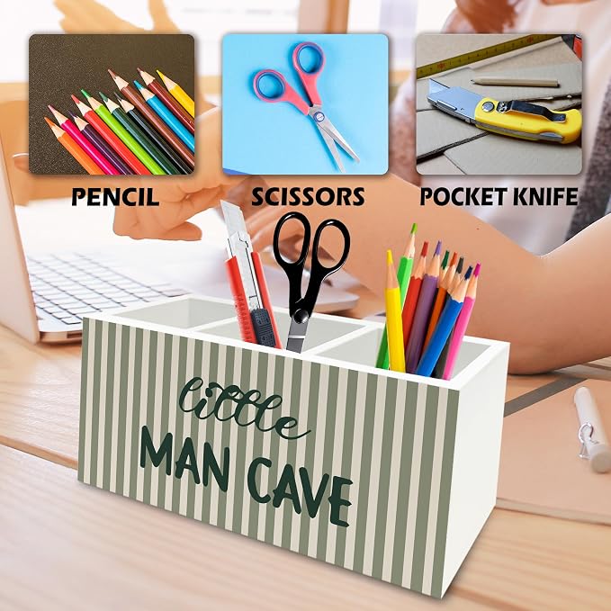 Boy Nursery Decor Pen Pencil Holder Organizer for Desk, Sage Green Striped Little Man Cave Wooden Box Signs Decorations for Kids Boys Room Bedroom Playroom Desk Tabletop, Boys Room Decor