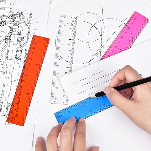 Unjoo Clear Plastic Ruler 6 Inch Straight Rulers, Assorted Colors (8 Pack) | Shatterproof Ruler with Inches and Centimeters, Easy-to-Read Markings, Drafting Ruler for School Classroom, Home, or Office
