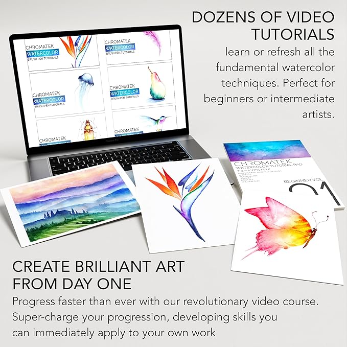CHROMATEK 30 Watercolor Brush Pens | 15 Page Tutorial Pad & Online Video Series | Brush Tips | Vivid, Blendable Professional Artist Quality | 27 Colors | 3 Aquapens | Complete Water Color Painting Set