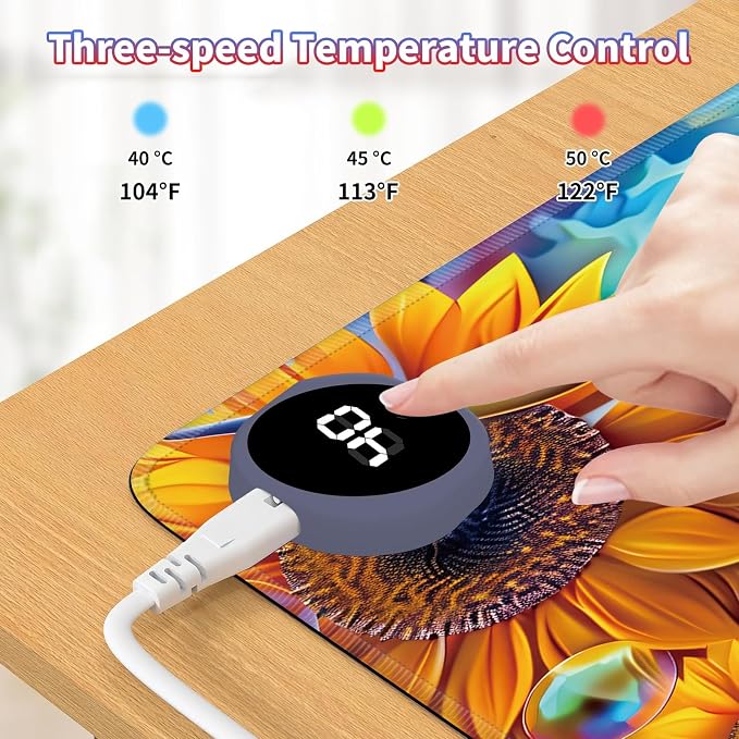 Heated Desk Pad Large Mouse Pad 23.6 x 14.1 inch with 3 Levels Heating & Auto Shut-Off Warm Mouse pad PU Leather Computer Mousepad for Home Office Work - Sunflower Cow