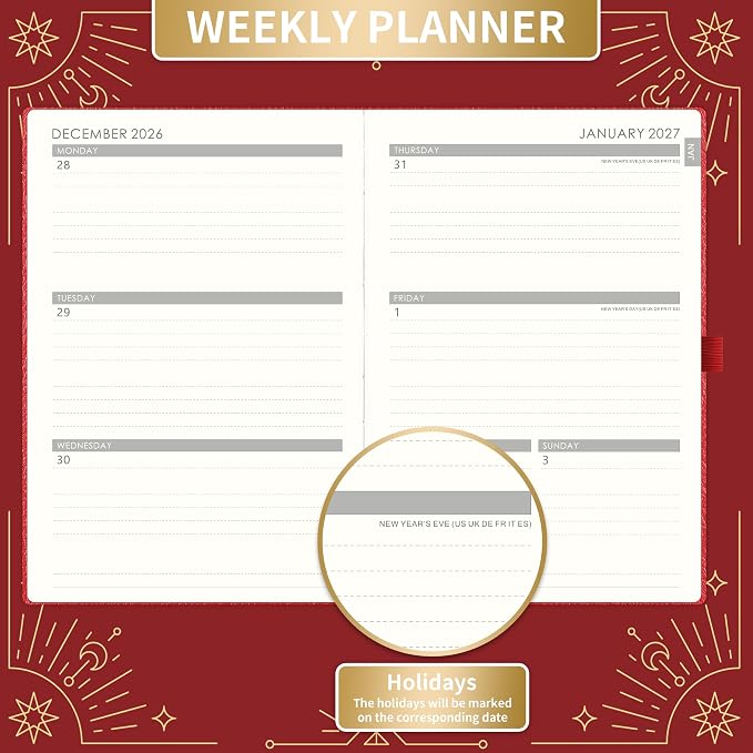 2027 Planner - 2027 Weekly Monthly Planner, January 2027 - December 2027, 5.75" x 8.25", Faux Leather Planner 2027 with Back Pocket & 40 Notes Pages - Red
