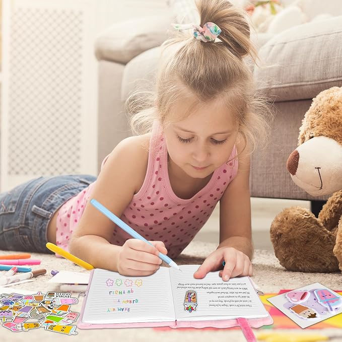 All In One Gift Kit for Girls – Back to School Supplies, Lock and Key Plush Journal Stationery Set with 53 Stickers, 1 Bracelet, 1 Coin Purse, 4 Straws and 3 Sticky Notes, for Kids, Toddlers, and Teens (Pink Boba)