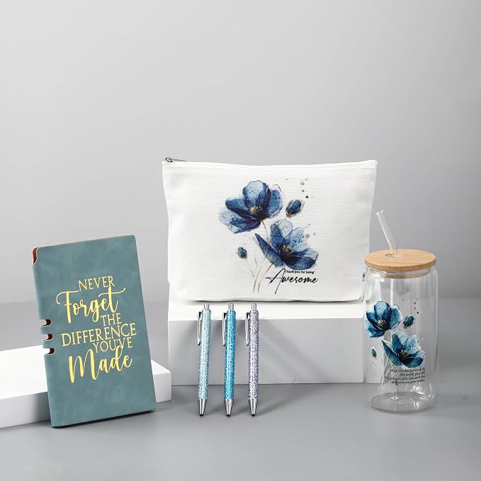 Funnymoom 6 Pcs Appreciation Gifts Set for Women Back to School Teacher Gifts Employee Thank You Gift with 17 oz Glass Tumbler Journal Pens and Pouch for Coworkers Educators(Floral,Blue)