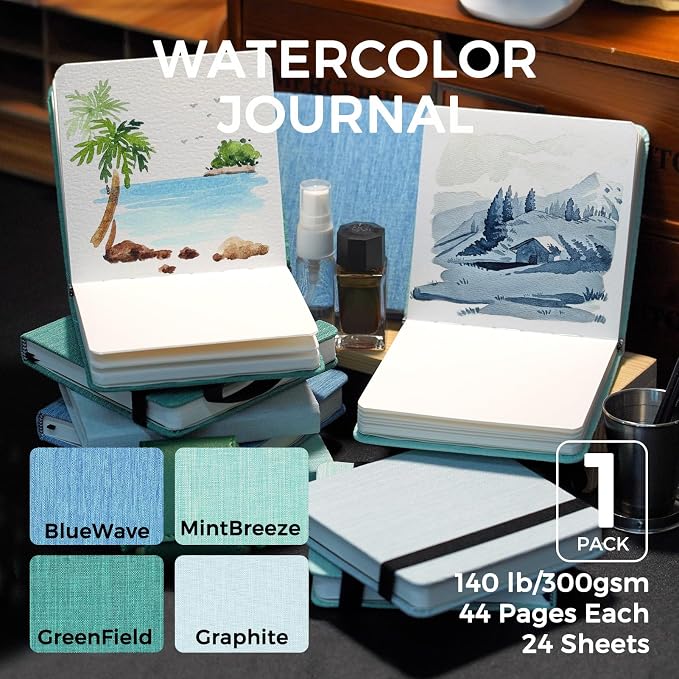 Funto Watercolor Journal, 4.7x4.7, 24 Sheets 100% Cotton Cold Press Paper 300gsm/140lb, Acid-Free Travel Sketchbook for Artists & Adults (Deep Blue)
