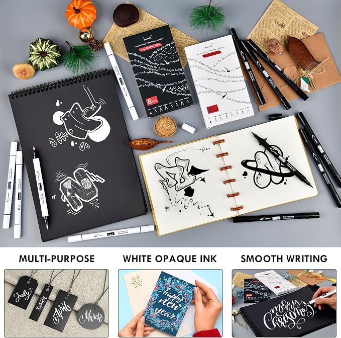 Brusarth Calligraphy Pens, 8 Size Dual Tip White Acrylic Calligraphy pen for Writing, Brush Pens Calligraphy Set for Beginners, Hand Lettering Pen for Art Drawing, Sketching, Scrapbooking