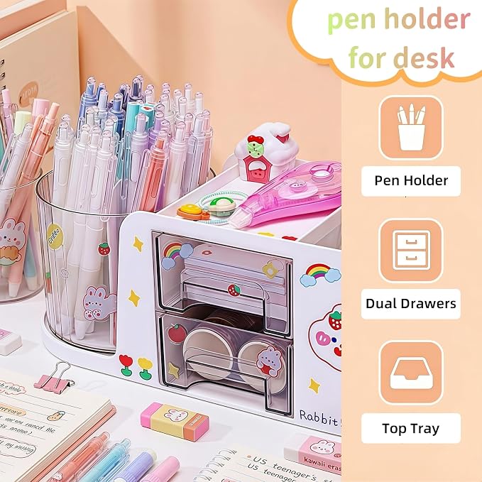 Desk Organizer with 2 Drawer, 360°Rotating Pencil Holder for Desk, Office organization, Desk accessories for women with 5 Compartments for School, Home, Office Supplies, Includes Cute Sticker (Yellow)