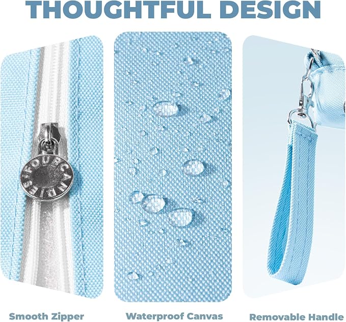 Four Candies Blue Pencil Case 3 Compartment Pouch, Large Pencil Pouch for School, Girls, Teen Boys, Women, Blue, Removable Handle & Zipper, Cute Pencil Bag for Office, College