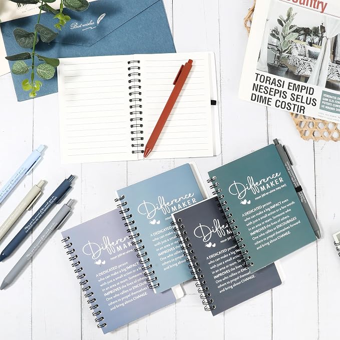 Resurhang 10 Sets Difference Maker Employee Appreciation Gift Bulk Inspirational A6 Spiral Notebook Journal Ballpoint Pens for Teacher Volunteer Coworker Team Back to School (Neutral Colors)