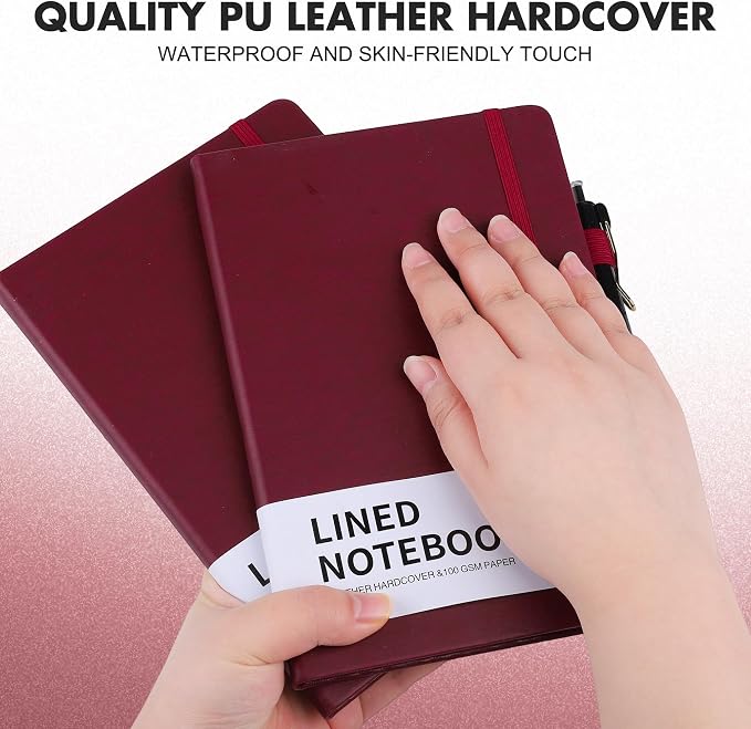 Aodaer 30 Set Lined Notebook Journals with Pens A5 Notebooks 100 GSM College Ruled Hardcover Notebook PU Leather Notepad with Pen Holder for Office School, 5.7 x 8.3 Inches, Burgundy