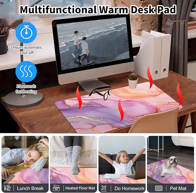 Heated Desk Pad Mouse Pad,Heated Desk Mat,with 3 Heating Levels & 3 Hours Auto Shut-Off,Leather 23.6"*14.2" Gaming Mouse Laptop Mat,Foot Warmer,Pink Golden Marble