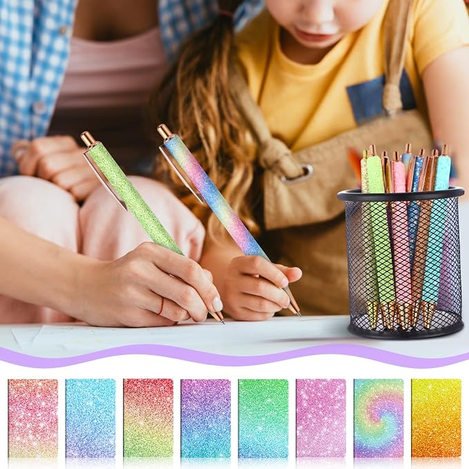 Sayglossy 16 Pack Glitter Pens and Notepads Set 8 Mini Glitter Pocket Notebooks 8 Fancy Sparkly Ballpoint Pens Stationery Gifts for Women Teacher Journaling School Office Supplies(Rainbow Color)