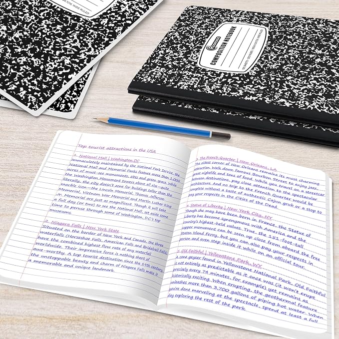 Rosmonde 12 Pack Composition Notebook Wide Ruled Bulk, 200 Pages (100 Sheets), 9-3/4 x 7-1/2", Hard Cover Wide Ruled Notebook Bulk, Black Marble Composition Notebooks, Bulk School Notebooks