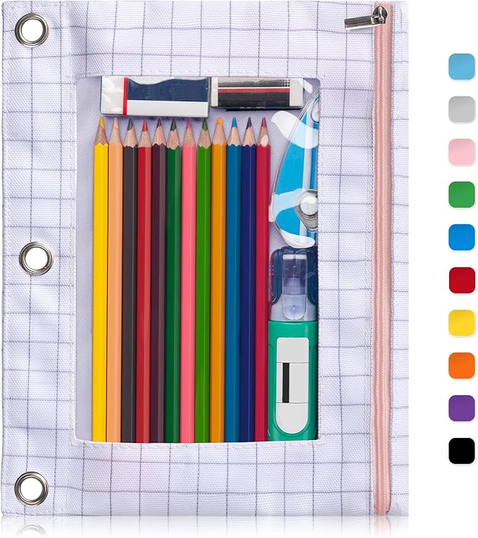 Forvencer Pencil Pouch for 3 Ring Binder, Large Pencil Case Pouch with 3 Reinforced Grommets, Pen Bag, Clear Window Pencil Case, Binder Accessories, White Plaid