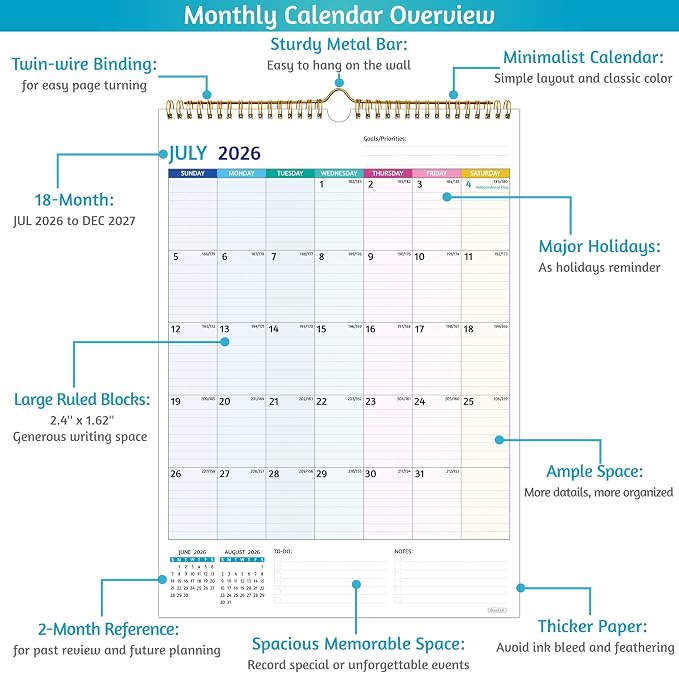 Wall Calendar 2026-2027 – Calendar 2026-2027 Wall, 18 Monthly Calendar, Jul 2026 - Dec 2027, 12 x 17 In, 2026 Calendar with Large Blocks, Thick Paper, Holidays, To-do ＆ Notes, Great for Organizing